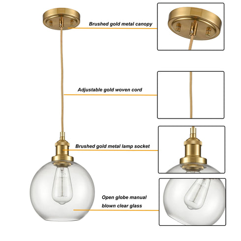 Modern Brushed Gold Metal Adjustable Pendant Light with Globe Glass Shade